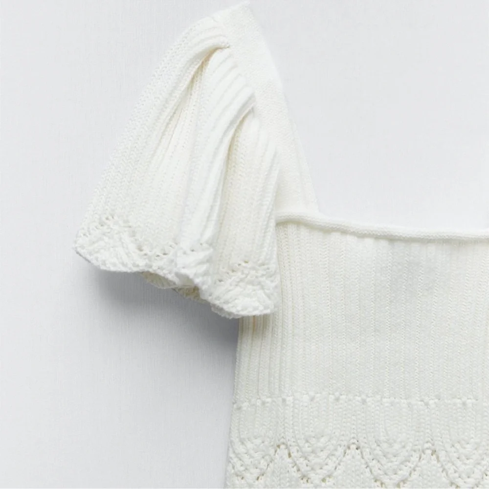 Zara Ruffle Knit Crochet Top White Size Medium - Picture 6 of 8